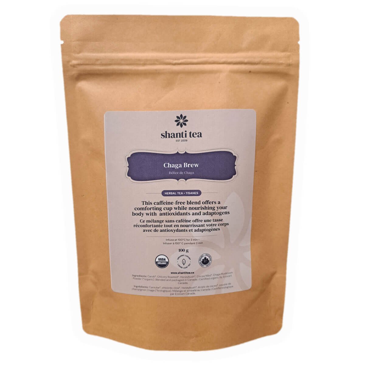 Chaga Brew 100g Organic Loose Tea — Caffeine‑free blend by Shanti Tea — Large pouch