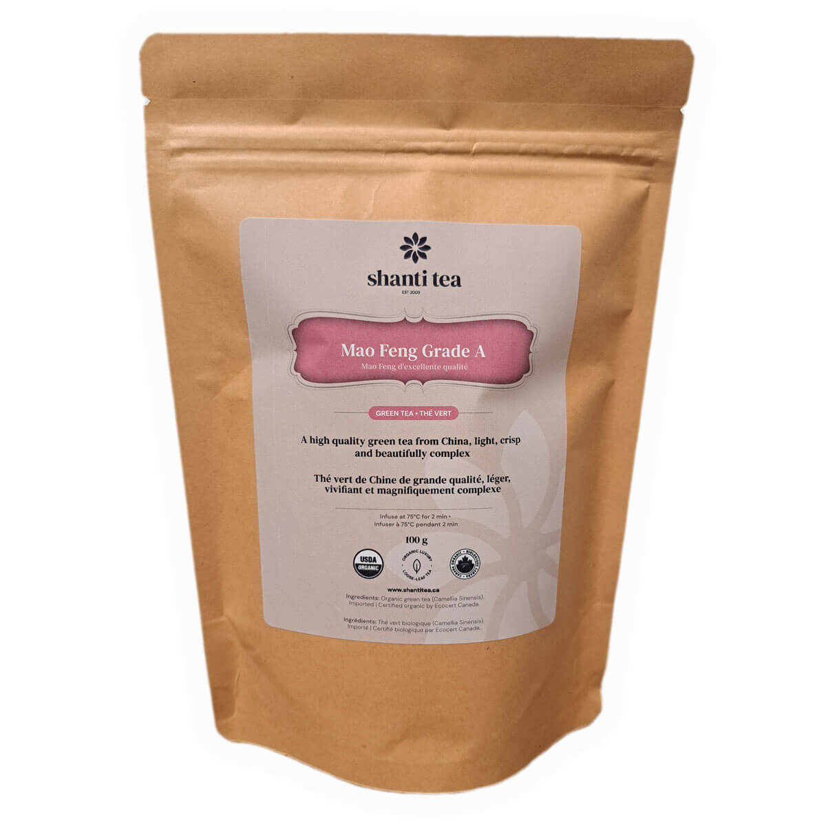 Mao Feng Grade A 100g Organic Loose Tea — Premium Chinese Green Tea by Shanti Tea — Large Pouch