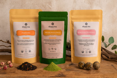 Three Shanti Tea packages on a wooden surface with tea leaves and packaging materials.