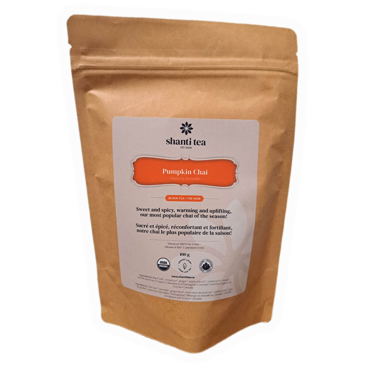 Pumpkin Chai 100g Organic Loose Tea — Seasonal Blend by Shanti Tea (Fall & Winter) — Large Pouch