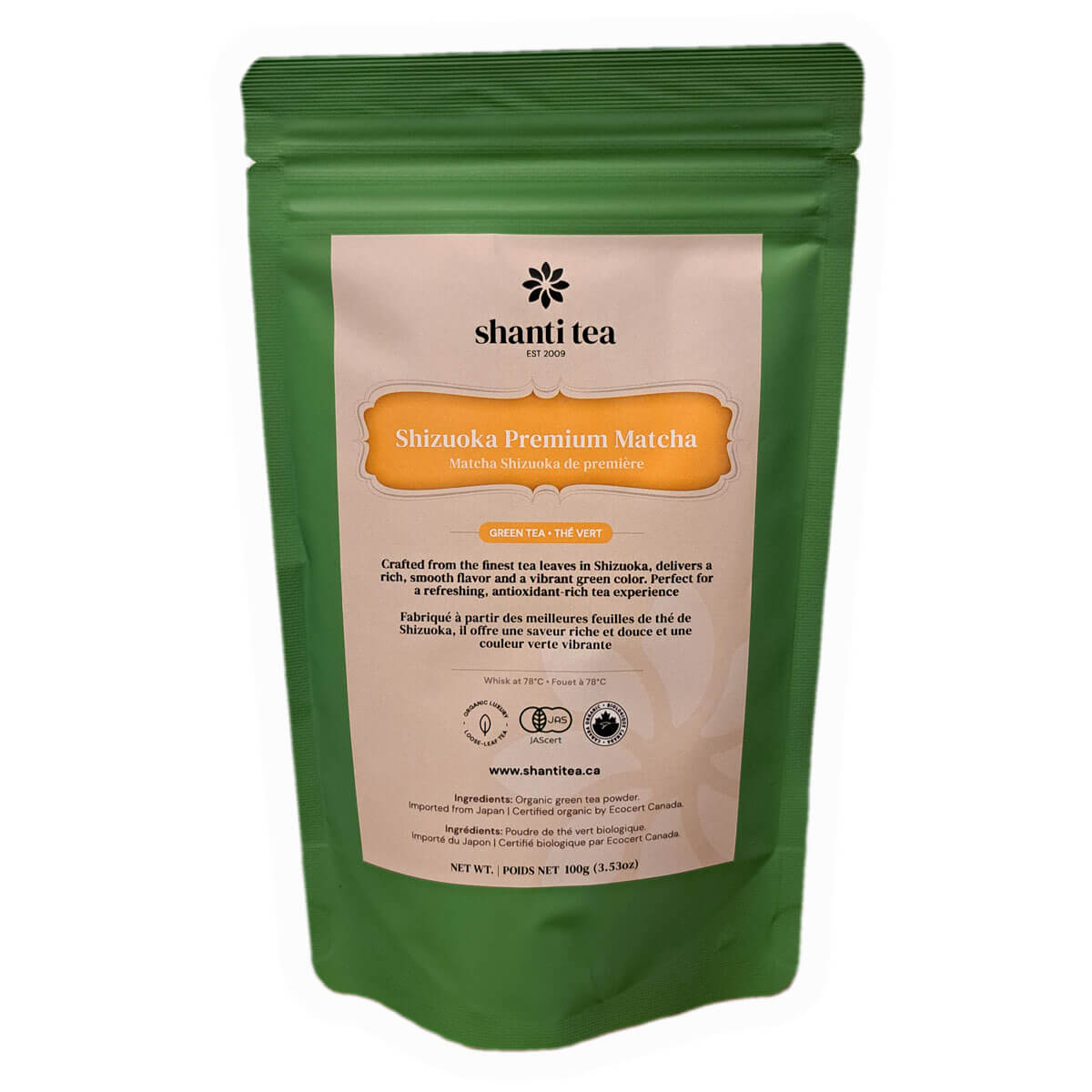 Shizuoka Premium Matcha 100g loose powder — Organic Green Tea Powder by Shanti Tea