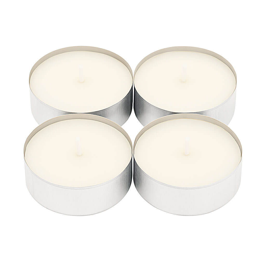 Four unscented white tealight candles in aluminum cups