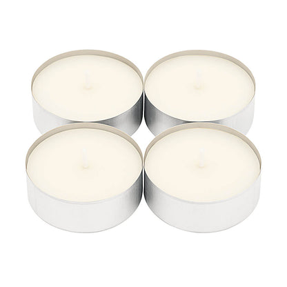 Four unscented white tealight candles in aluminum cups