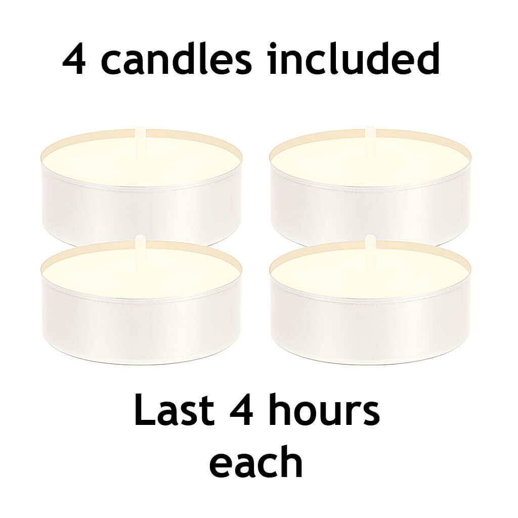 Four unscented white tealight candle in aluminum cup with English text. 4 candles included. Last 4 hours each.