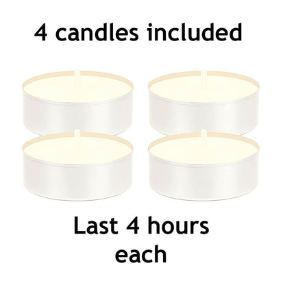 Four unscented white tealight candle in aluminum cup with English text. 4 candles included. Last 4 hours each.