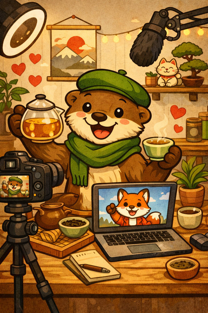 Cartoon otter content creator filming a tea review with camera and microphone while presenting loose leaf tea and brewing tea at a cozy desk, representing tea and coffee influencers collaborating with Happy Fox.