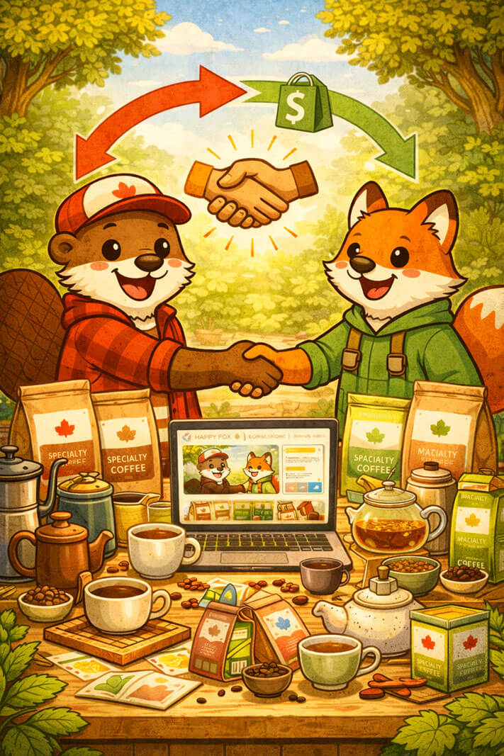 Renard et castor se serrant la main devant une sélection de thé en vrac, café de spécialité et accessoires de préparation, illustrant un partenariat pour vendre du thé et du café en ligne.