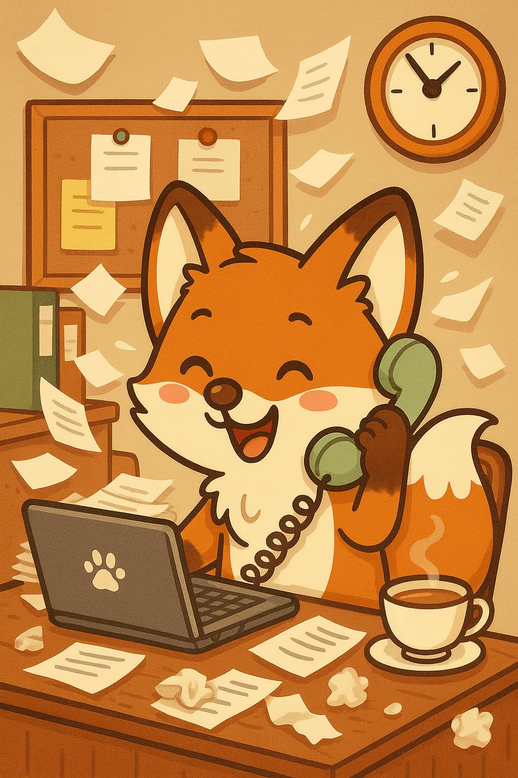 Un personnage de dessin animé, Happy Fox, travaille à un bureau encombré de papiers, de tasses de thé, d'une plante et d'un ordinateur dans un espace de travail chaotique pour la page « Nous contacter ».
