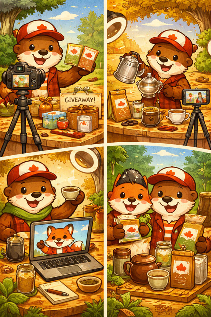 Cartoon beaver creator demonstrating loose leaf tea and specialty coffee brewing, filming product reviews, giveaways, and sponsored content for an online tea and coffee audience.