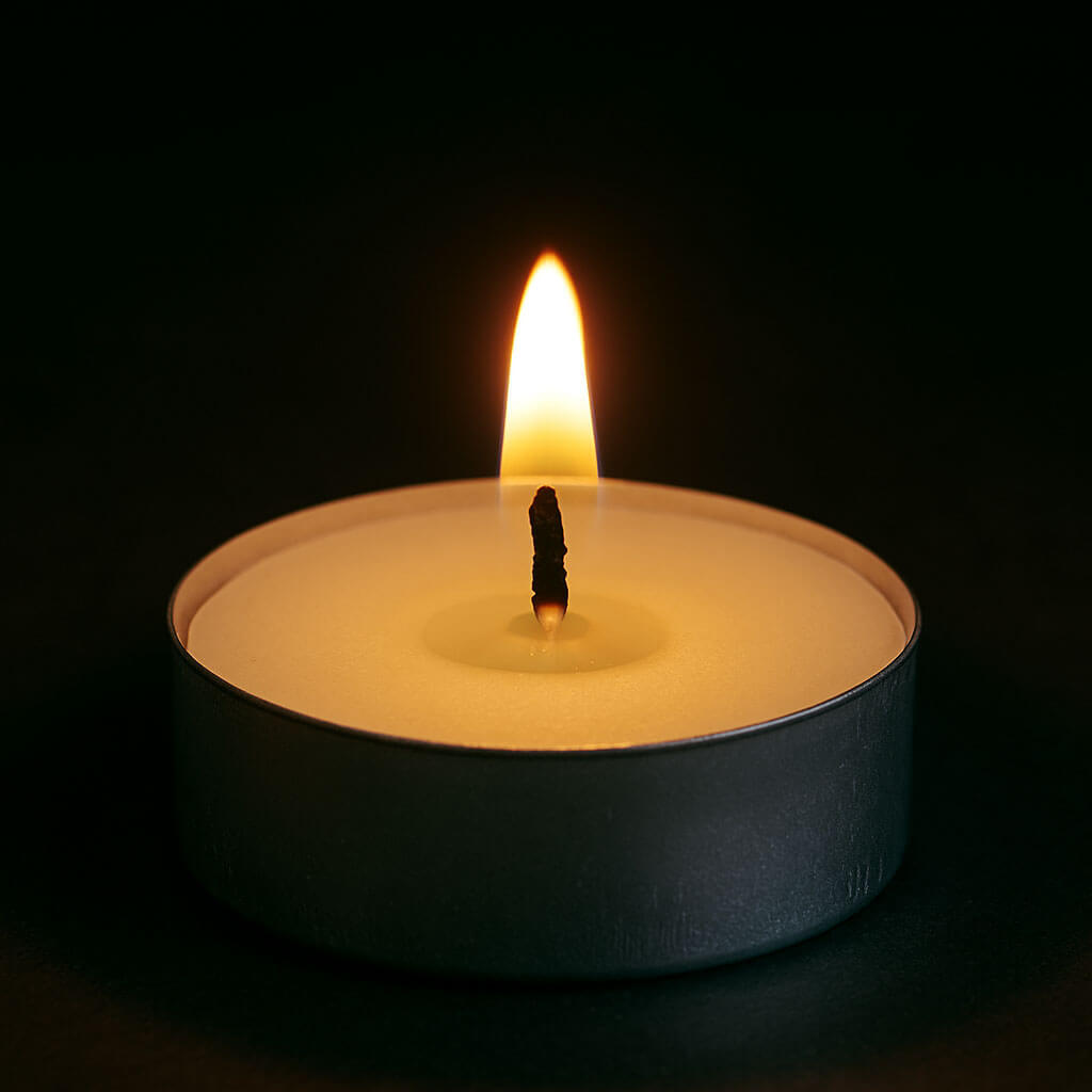 A lit unscented white tealight candle in aluminum cup in the dark
