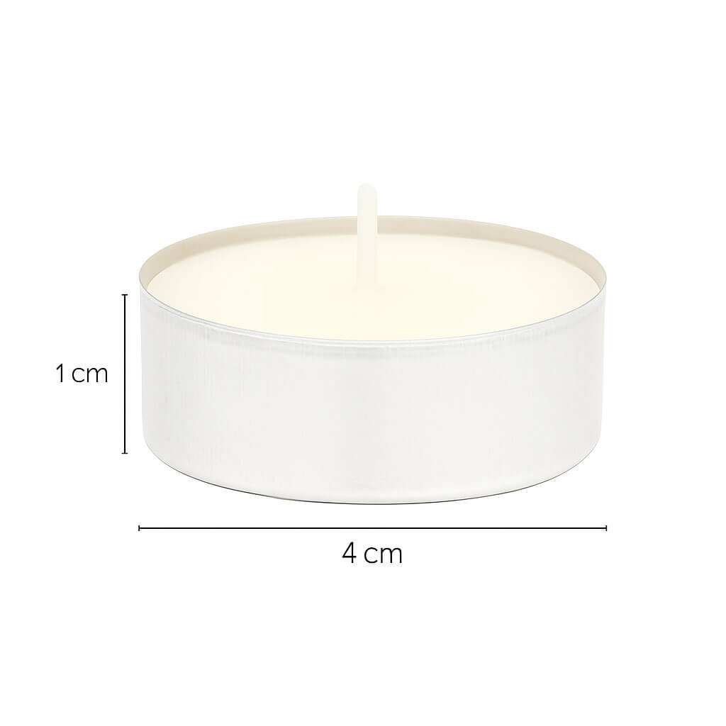 A lit unscented white tealight candle in aluminum cup with dimensions