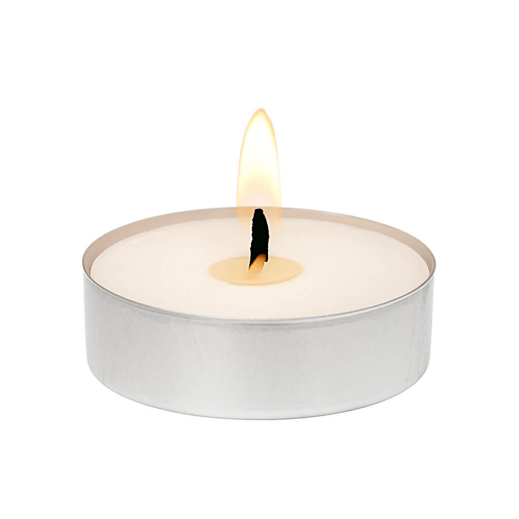 A lit unscented white tealight candle in aluminum cup