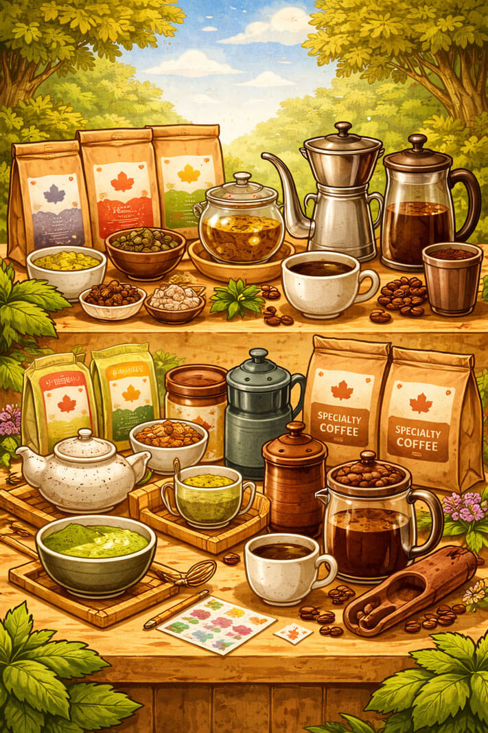 Assortment of specialty loose leaf teas, herbal blends, matcha tools, teaware, specialty coffee beans, and coffee brewing accessories displayed on a wooden table.