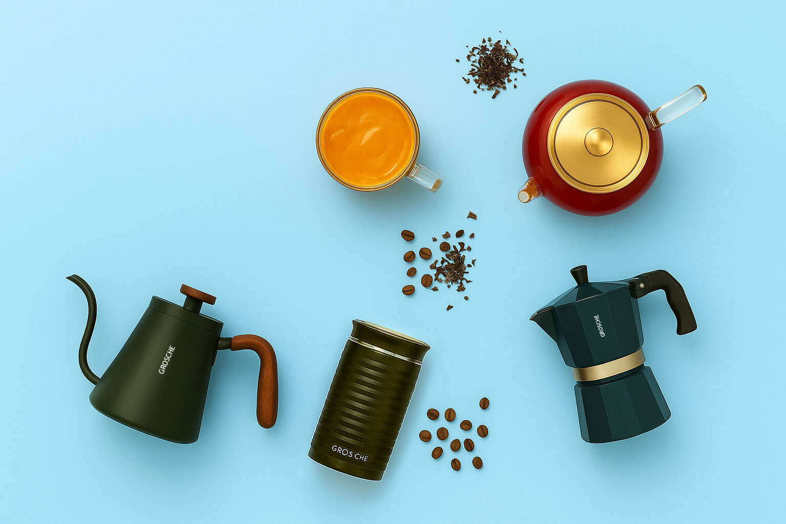 Tea and coffee accessories such as teapot, coffee maker, cup, coffee grinder, kettle