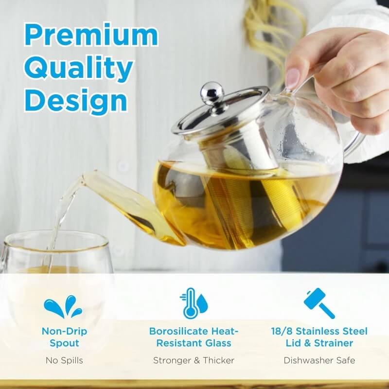 JOLIETTE Glass Teapot with Stainless Steel Tea Strainer – 42oz / 1250mL by Grosche