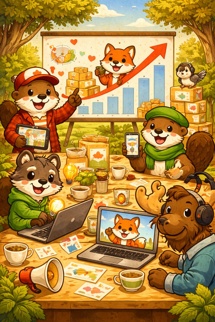 Groupe d’animaux collaborant sur le marketing d’une boutique de thé et de café, travaillant sur ordinateurs et réseaux sociaux avec un graphique montrant une croissance des ventes.